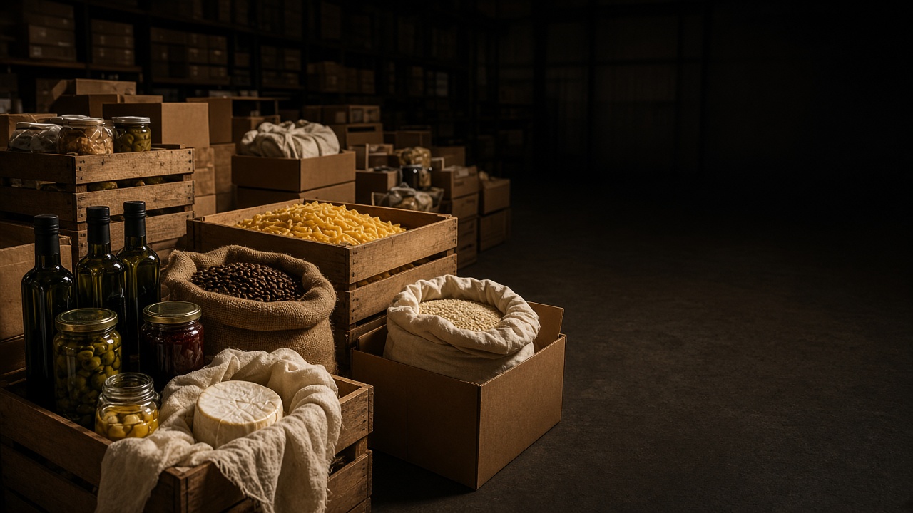 Premium imported foods organized in crates for distribution