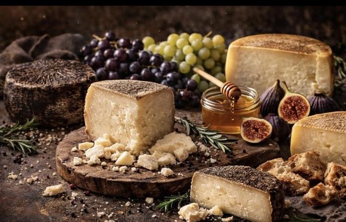 Premium cheeses styled with honey, grapes, and figs