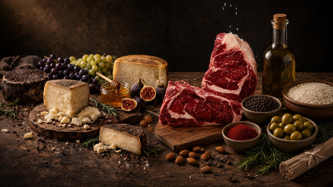 A curated assortment of cheeses, meats, oils, grains and specialty foods