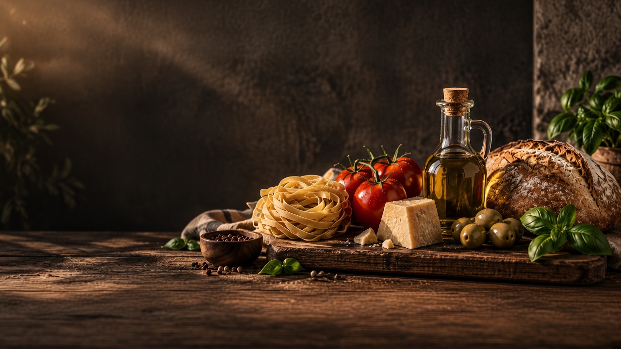 Mediterranean pasta, tomatoes, cheese, olive oil, and bread on a wooden board